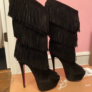 Christian Louboutin Black Peep Toe Fringe Boots 40